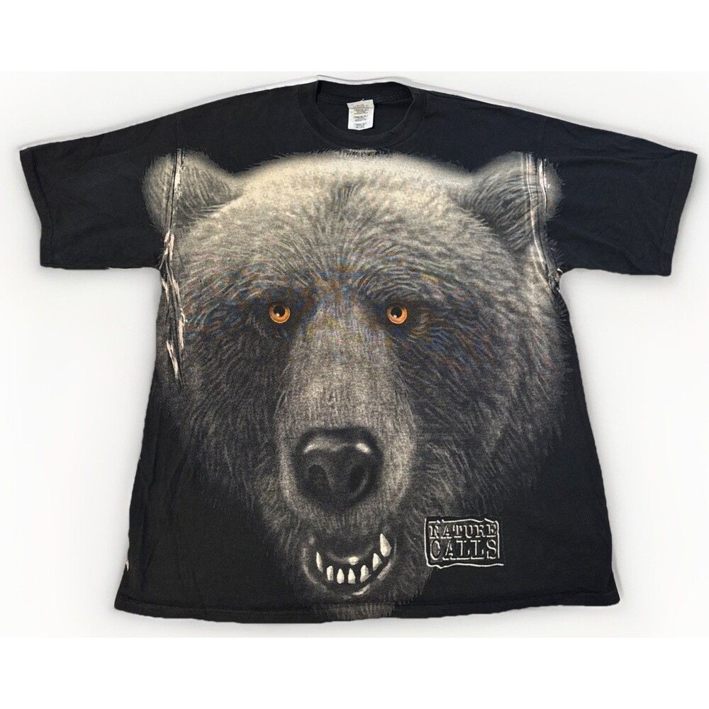 Vintage 90s TNT T Shirt Bear All Over Print AOP Black Mens Size L Nature Calls